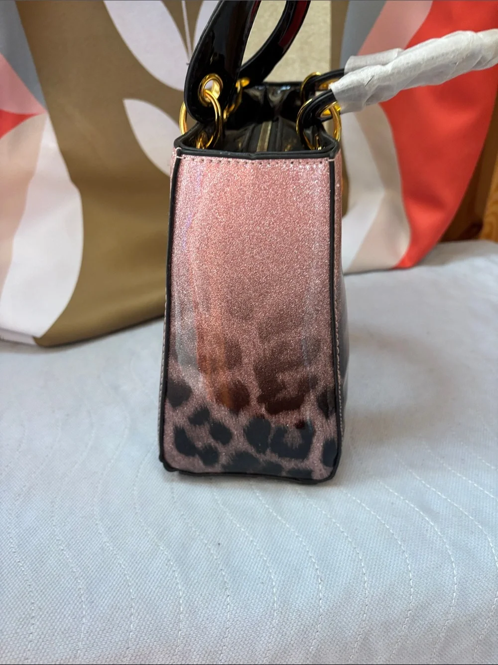 Leopard-Print Patent Satchel in Rose Brown with Black Trim